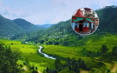 Valley view with a river and terraced fields, with a small temple inset
